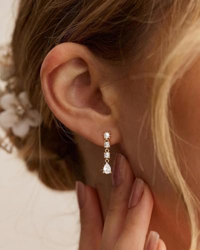 14K Gold Plated/Sterling Silver CZ Pearl Drop Dangle Earrings for Women - color: Gold-4 CZ