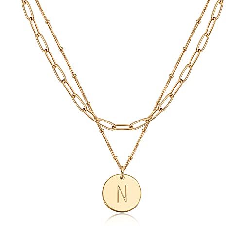 Valloey Rover Initial Necklaces for Women 14K Gold Plated Dainty Letter Necklce Round Coin Disc Pendant Double Side Engraved A-Z Necklace Personalized Jewelry Gift for Women - color: Layer-N