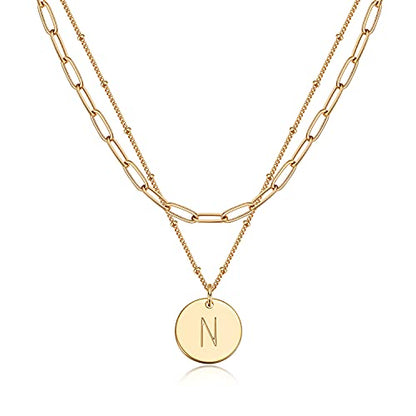 Valloey Rover Initial Necklaces for Women 14K Gold Plated Dainty Letter Necklce Round Coin Disc Pendant Double Side Engraved A-Z Necklace Personalized Jewelry Gift for Women - color: Layer-N