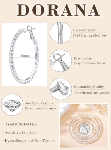 3mm 925 Sterling Silver Big Cubic Zirconia Hoop Earrings for Women Large Rhinestone Hoop Earrings 14K Gold Plated Hypoallergenic Lightweight 30mm/40mm/50mm/60mm - color: Silver-40mm
