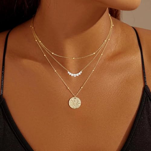 Gold Necklace for Women 14K Gold Plated Layered Necklaces Dainty Pendant Necklace Cute Stack Necklaces Set Fashion Jewelry Gift for Her - style: circle4-gd