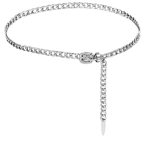 Gold Chain Belt for Women, Metal Cuban Link Waist Belt with Adjustable Buckle, Fashion Chunky Chain for Dresses Jeans - color: Silver-Cuban Link