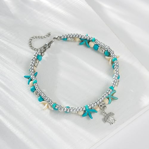 Starain Blue Turtle Anklets for Women Multilayer Beads Handmade Beach Ankle Bracelet Set Boho Foot Jewelry - color: Turtle Beaded Anklet