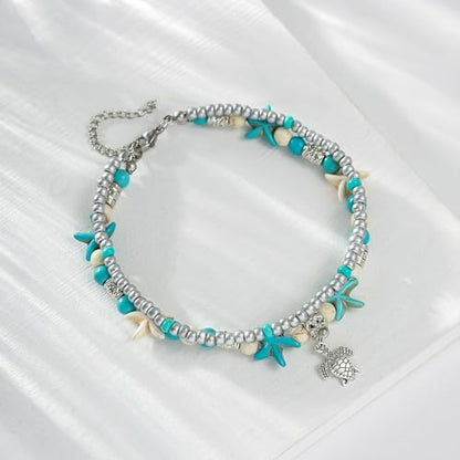 Starain Blue Turtle Anklets for Women Multilayer Beads Handmade Beach Ankle Bracelet Set Boho Foot Jewelry - color: Turtle Beaded Anklet