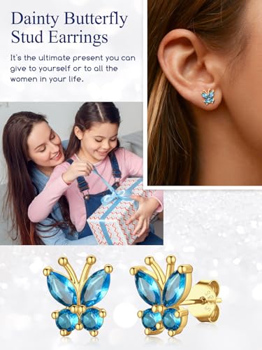 Suplight Butterfly Stud Earrings 925 Sterling Silver 14K Gold Brithstone Earrings for Women Brithstone Jewelry Gifts - color: 12.December (Blue Topaz), size: Gold