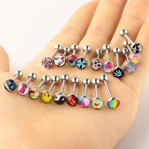 Lot of Surgical Steel Metal Tongue Rings Barbells Tongue Piercing Bar Nasty Wordings Picture Logo Signs 14g - Length 5/8" or 16mm - style: 20pcs mix