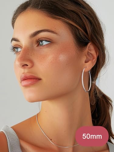 FOCALOOK 14K Gold Plated Lightweight Large Hoops| 2mm Thin Hoop Earrings for Women 30/40/50/70/100mm - color: 01.Silver, size: 50mm