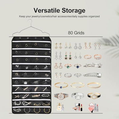 Hanging Jewelry Organizer Storage Roll 80 Zippered Pockets with Detachable Hanger Double-Sided Foldable, Travel Jewelry Holder for Earrings, Rings, Bracelets, Hanging on Closet, Wall, Door, Black - size: 80 Zippered Pockets