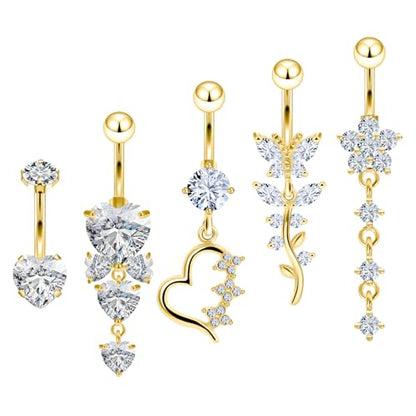 Vsnnsns 14G Dangle Belly Button Ring Piercing Jewelry 316L Stainless Surgical Steel Navel Rings Cubic Zirconia Heart Flower CZ Dangling Belly Button Ring Piercing Jewelry for Women 14 Gauge - color: Gold-Clear CZ