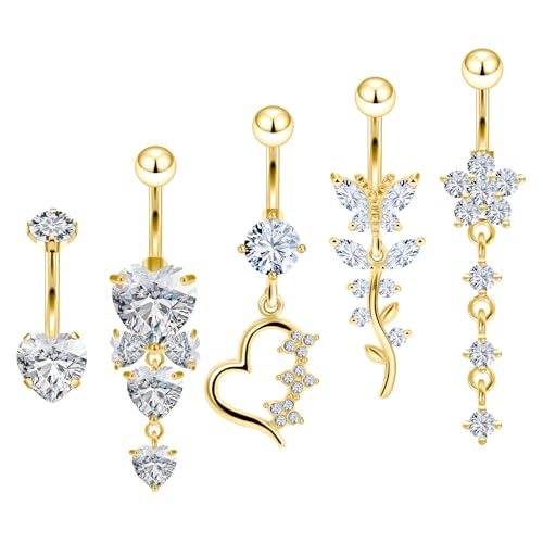 Vsnnsns 14G Dangle Belly Button Ring Piercing Jewelry 316L Stainless Surgical Steel Navel Rings Cubic Zirconia Heart Flower CZ Dangling Belly Button Ring Piercing Jewelry for Women 14 Gauge - color: Gold-Clear CZ