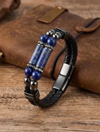 Mens Leather Turquoise/Tiger Eye/Obsidian/Lava Stone Bracelet–Braided Multi‑Layer Wristband Cuff Bangle Barcelet–Jewelry Box and Pouch Packing - color: Lapis Lazuli, size: 9in(Fits larger wrists)