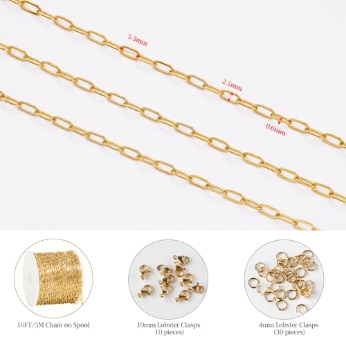 KYUNHOO 16.4FT Paperclip Chain Roll Gold Plated Jewelry Making Chains Bulk | 304 Stainless Steel Chain Spool 2.5mm Paper Clip Jewelry Links with Lobster Clasps Jewelry Supplies for Crafting - color: Paperclip Gold
