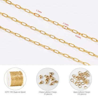 KYUNHOO 16.4FT Paperclip Chain Roll Gold Plated Jewelry Making Chains Bulk | 304 Stainless Steel Chain Spool 2.5mm Paper Clip Jewelry Links with Lobster Clasps Jewelry Supplies for Crafting - color: Paperclip Gold