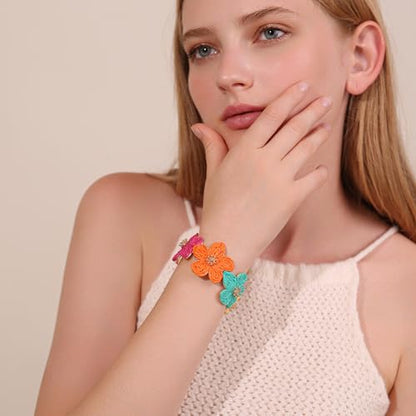 RUOFFETA Raffia Flower Cuff Bracelet for Women, Floral Chunky Bangle Wide Open Cuff Statement Bracelet - color: Colorful