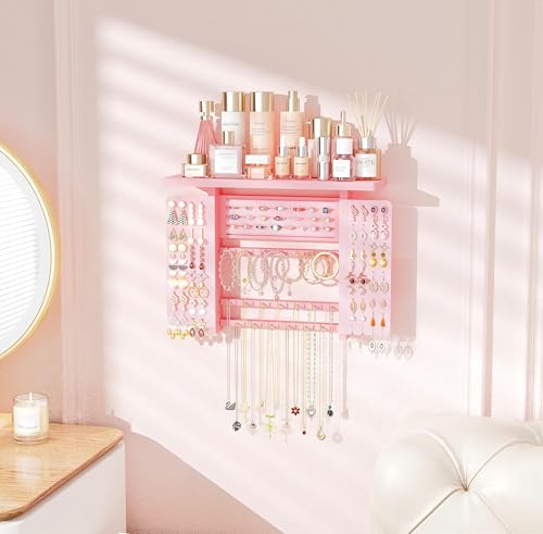 Emfogo Jewelry Organizer Hanging Wall Mounted Jewelry Holder, 5-in-1 Large Capacity Wood Necklace Organizer Wall Display for Ring, Necklaces, Bracelets, Earrings (Pink) - color: Pink