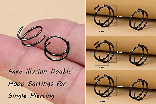 Double Hoop Earrings for Single Piercing, 3 Pairs 316L Surgical Steel Spiral Twist Illusion Lobe Cartilage Helix Hoop Earring Double Hoop Earrings for One Hole - color: Black-6mm 8mm 10mm