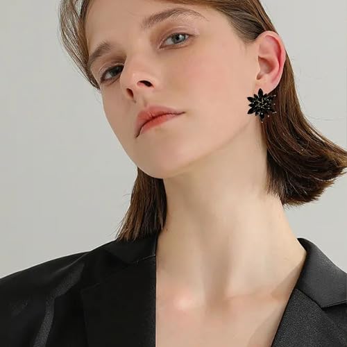 Crystal Flower Burst Stud Earrings Large Big Sparkly CZ Cubic Rhinestone Floral Cluster Flower Stud Earrings Bridal Wedding Party - color: Black