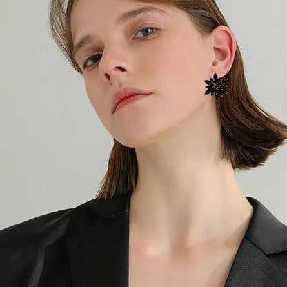 Crystal Flower Burst Stud Earrings Large Big Sparkly CZ Cubic Rhinestone Floral Cluster Flower Stud Earrings Bridal Wedding Party - color: Black