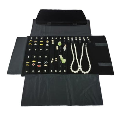 Velvet Travel Jewelry Case Roll Bag Organizer for Necklace Bracelet Earrings Ring (Black) (Black(4+2+2+6)) - color: Black (4+2+2+6)