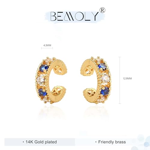 Bemoly Ear Cuff Earrings for Women 14K Gold Plated Cubic Zirconia Dangle Huggie Ear Cuffs Non Piercing | Clip On Cartilage - style: D-Blue CZ-Pair