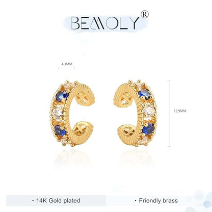 Bemoly Ear Cuff Earrings for Women 14K Gold Plated Cubic Zirconia Dangle Huggie Ear Cuffs Non Piercing | Clip On Cartilage - style: D-Blue CZ-Pair