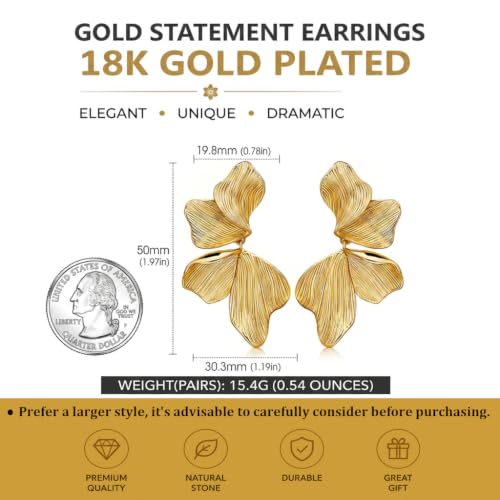 Chunky Gold Plated Flower Statement Drop Earrings for Women | Hypoallergenic 18K Gold Plated Textured Petal Wing, Large Statement Dangle Earrings for Wedding Party - color: Gold