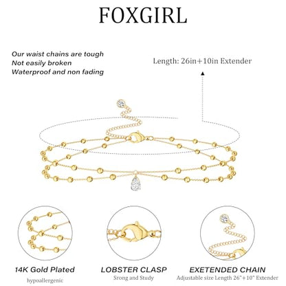 Foxgirl Gold Waist Chains for Women, 14K Gold Plated Layered Belly Chain Adjustable Waterproof Sexy Bikini Satellite Beads Chain Summer Non Tarnish Body Chain Jewelry Gifts for Women | Adjustable Chain Set for Bikini, Beach, Festival, and Summer Styling -