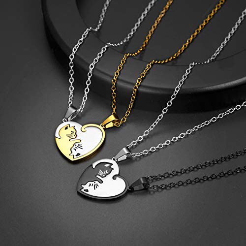 U7 Cat Pendant Necklace for Women Stainless Steel Cute Kitty Cat Jewelry Gift - style: 03-Heart Cat Set-Steel+Gold(Customized)