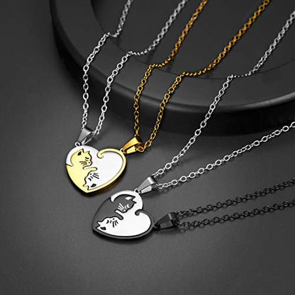 U7 Cat Pendant Necklace for Women Stainless Steel Cute Kitty Cat Jewelry Gift - style: 03-Heart Cat Set-Steel+Gold(Customized)