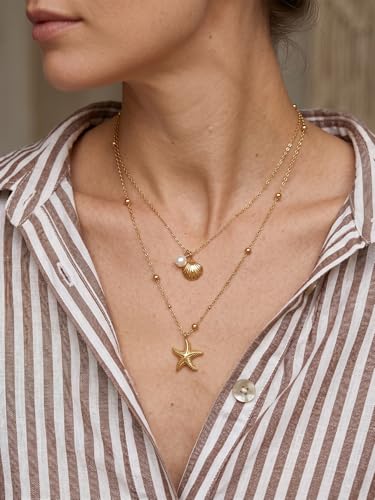 MODRSA Gold Stacked Layered Necklaces for Women Pearl Pendant Charm Cross Lariat Slip Shell Starfish Y Chain Necklace Adjustable Silver Boho Jewelry Gifts for Women Summer Vacation Beach Accessories - color: B1- Sea Shell Starfish - Gold