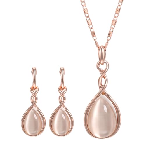 Amabro Teardrop Pendant Rose Gold Necklaces Earrings Jewelry Sets for Women | Pink Opal Water Drop Necklace & Earrings Adjustable Accessories Wedding Birthday Prom Formal Brides Bridesmaid