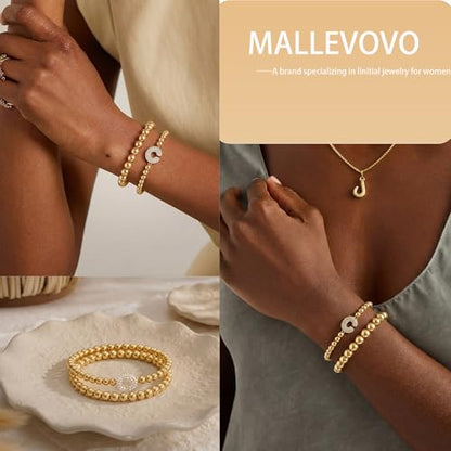Initial Stack Bracelet Set for Women Trendy 14K Gold Plated Beaded Stackable Stacking Stretch Name Bracelets Dainty Friendship Waterproof Charm Cute Birthday Jewelry Gifts for Women - color: Initial C