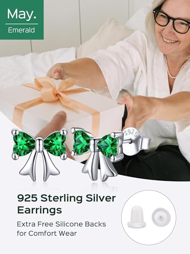 ChicSilver 925 Sterling Silver Bow/Butterfly Earrings for Women Hypoallergenic Birthstone Earrings Dainty Bow/Butterfly Jewelry Gift for Women - color: Bow-May-Emerald