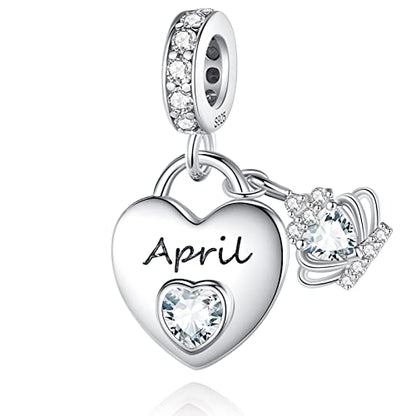 Birthstone Charms for Charms Bracelet: 925 Sterling Silver Heart Dangle Charms for Bracelets and Necklaces, Birthday Mother's Day Christmas Gifts For Women. - color: April