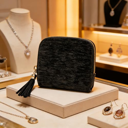 Women's Coin Purses Velvet Mini Travel Jewelry Case Bag with Tassel - color: A-Black