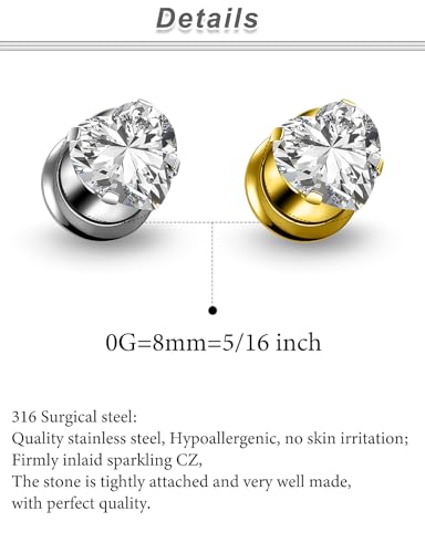 10G-00G Gold Silver Plated Heart Zircon Gauges for Ears 316L Surgical Steel Internally Threaded Screw Fit Single Flared Tunnels Plugs Earrings Hollow Gauges for Women Men - color: 0G= 8mm = 5/16 inch