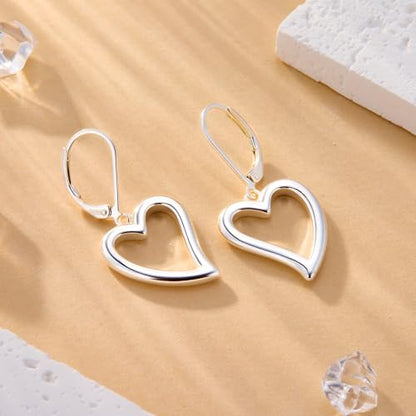 14K Gold Plated 925 Sterling Silver Openwork Love Heart Dangle Earrings, Leverback Huggie Hoop Hypoallergenic Trendy Earrings for Women - color: 925 Silver