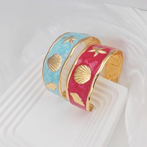 YBMYCM Chunky Shell Cuff Bracelet for Women, Hammered Boho Open Bangle | Adjustable Irregular Wide Bracelets Jewelry Gifts for Women, Perfect for Daily Wear - color: Red