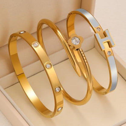 3Pcs Gold Bracelets for Women 14K Gold Plated Love/H/Nail Bangle Bracelet Dainty Non Tarnish Bracelet Jewelry Christmas Mothers Day Gifts for Women - color: 3Pcs Gold/Grey H bracelet