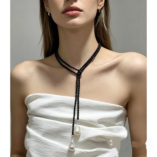 Chunky Puffy Heart Layered Gold Choker & Green Beaded Lariat Necklace with Baroque Pearl Drops, Adjustable Wrap Y Style Bohemian Jewelry Fashion Accessory for Women Gifts - color: black