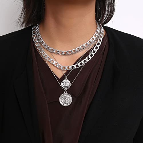 Todenb Layered Gold Pirate Necklace for Women Chunky Chain Pirate Jewelry 80s 90s Coin Pendant Necklace Pirate Costume Accessories - color: Silver