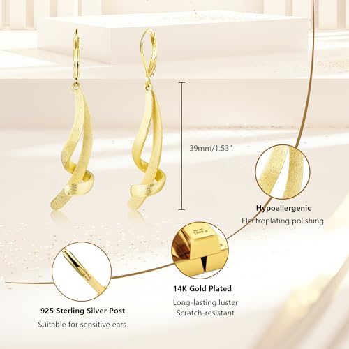 ALEXCRAFT 14K Gold/Silver Twisted Brushed Tassel Dangle Earrings for Women | Hypoallergenic Elegant Lightweight Long Twisted Tassel Dangling Drop Leverback Earrings for Women Trendy Jewelry Gifts in Box - color: Brushed_Gold