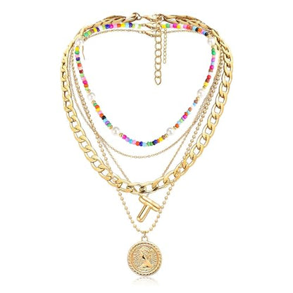 MJartoria Layered Necklaces for Women Trendy Balloon Initial Pendant Necklace Dainty Chunky Chain Beaded Choker Necklaces Jewelry Birthday Gifts - color: Gold, style: T