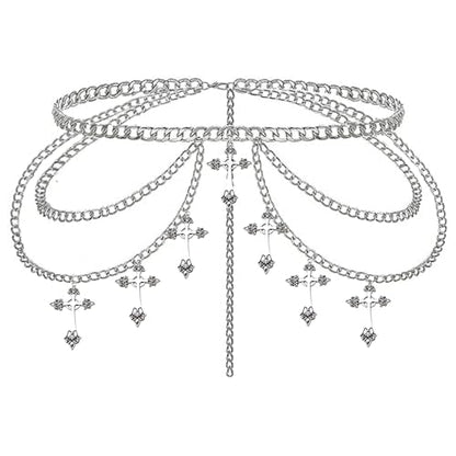 Thorn Heart Waist Chain Belt - Punk Gothic Crossover Body Belly Chains Tassel for Women Girl - color: Cross 1