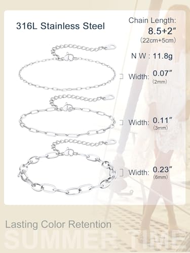 ChainsPro Stainless Steel Waterproof Anklet for Women, Adjustable Non Tarnish Layered Anklets, Trendy Dainty Cuban Link Ankle Bracelet Beach Jewelry Gifts for Swimming & Daily Wear (8.5+2 inches) - style: 3pcs-Style-A-Steel