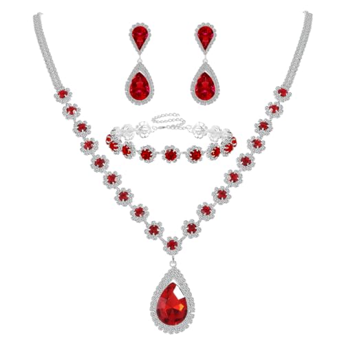 Silver Plated Necklace Earrings Bracelet Crystal Bridal Wedding Jewelry Sets for Wedding princess birthday party Halloween Prom Pageant Jewelry - color: 1-red