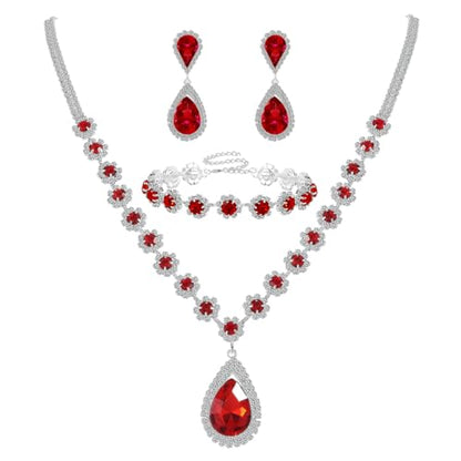 Silver Plated Necklace Earrings Bracelet Crystal Bridal Wedding Jewelry Sets for Wedding princess birthday party Halloween Prom Pageant Jewelry - color: 1-red