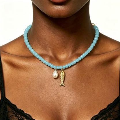 Fish Shell Necklace for Women, Beaded Necklaces Boho Statement Necklace, Pearl Necklaces Summer Beach Vacation Dress & Costume Jewelry - color: Ocean Blue-fish