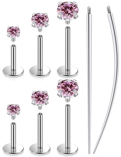 20G 18G 16G Titanium Flat Back Nose Rings Studs Hypoallergenic Lip Labret Monroe Medusa Internally threaded Tragus Cartilage Helix Earrings Studs Piercing Jewelry for Women Men 6mm 8mm 10mm - color: 18G -Flat Back With Screw on Tops-Pink CZ