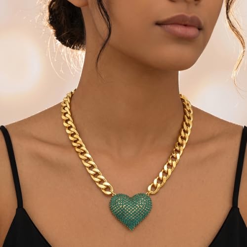 Gold Cuban Link Chain Necklace with Red Crystal Heart Pendant, Statement Chunky Curb Link Chain，Fashion Jewelry for Women - color: Green